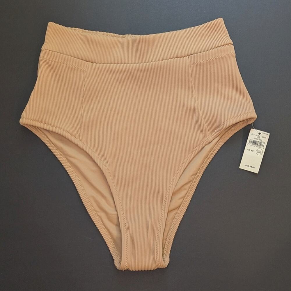 NWT Aerie High Waisted Cheeky Ribbed Bikini Bottoms With Pockets Nude Size XS